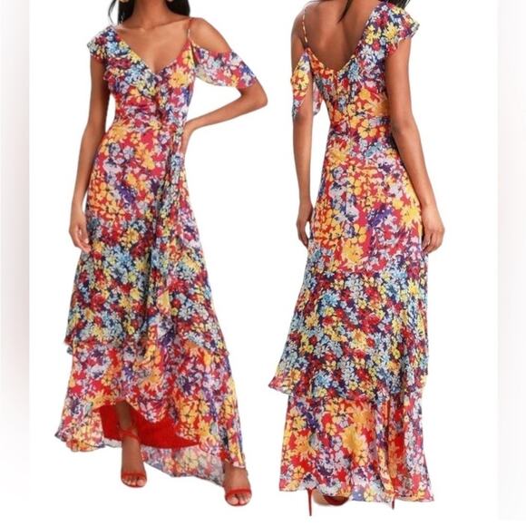 Lulu’s Red Radiant Ruby Floral Chiffon Asymmetrical Dress Size XL - Picture 1 of 7